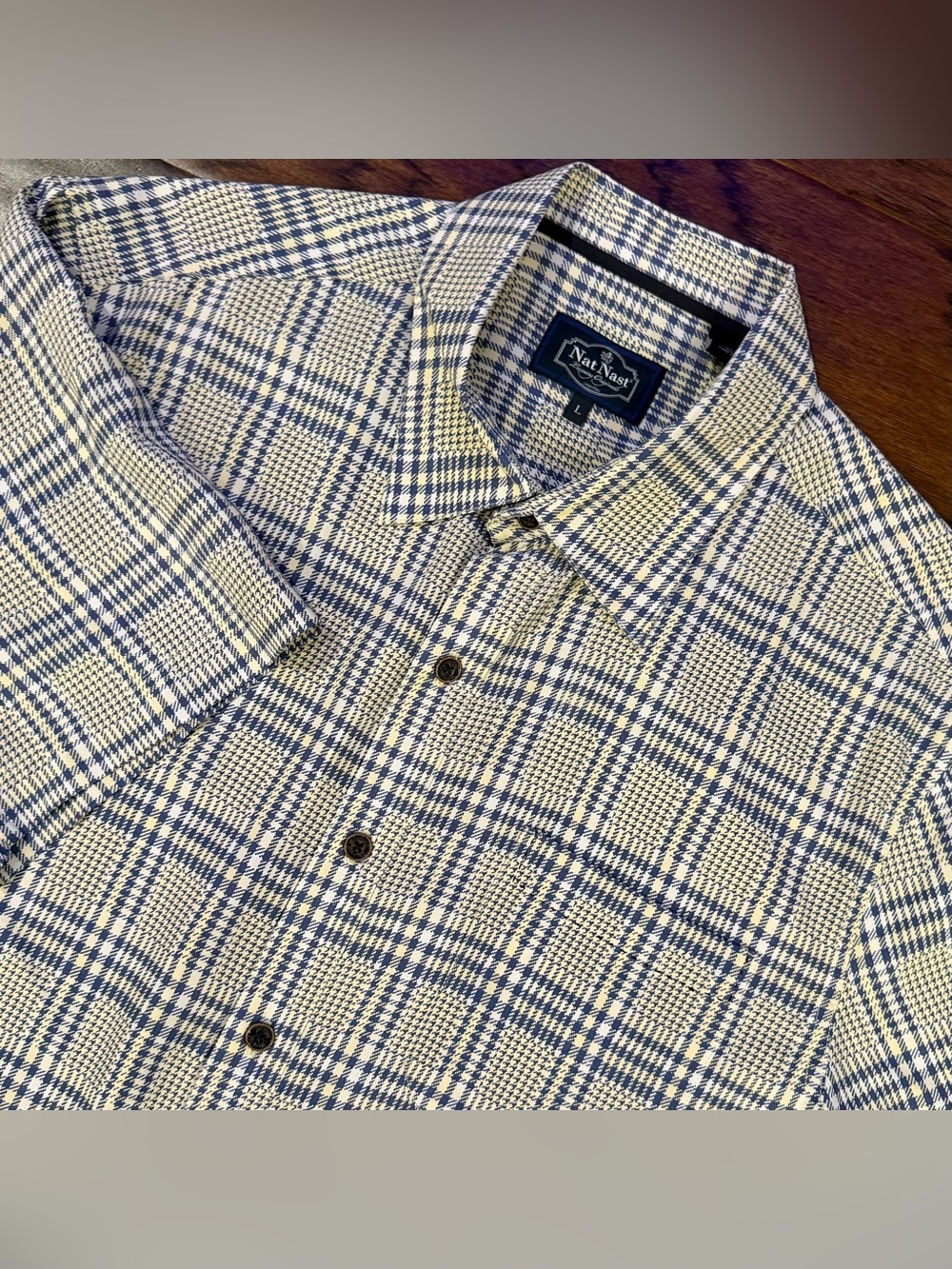 Nat Nast Shirt Mens L Vintage Denim Blue/Yellow Houndstooth Button Up Silk